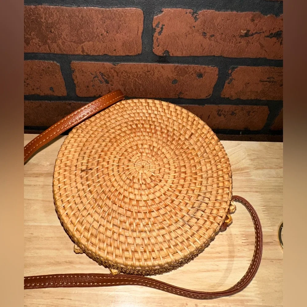 Round Woven Tan Crossbody Bag